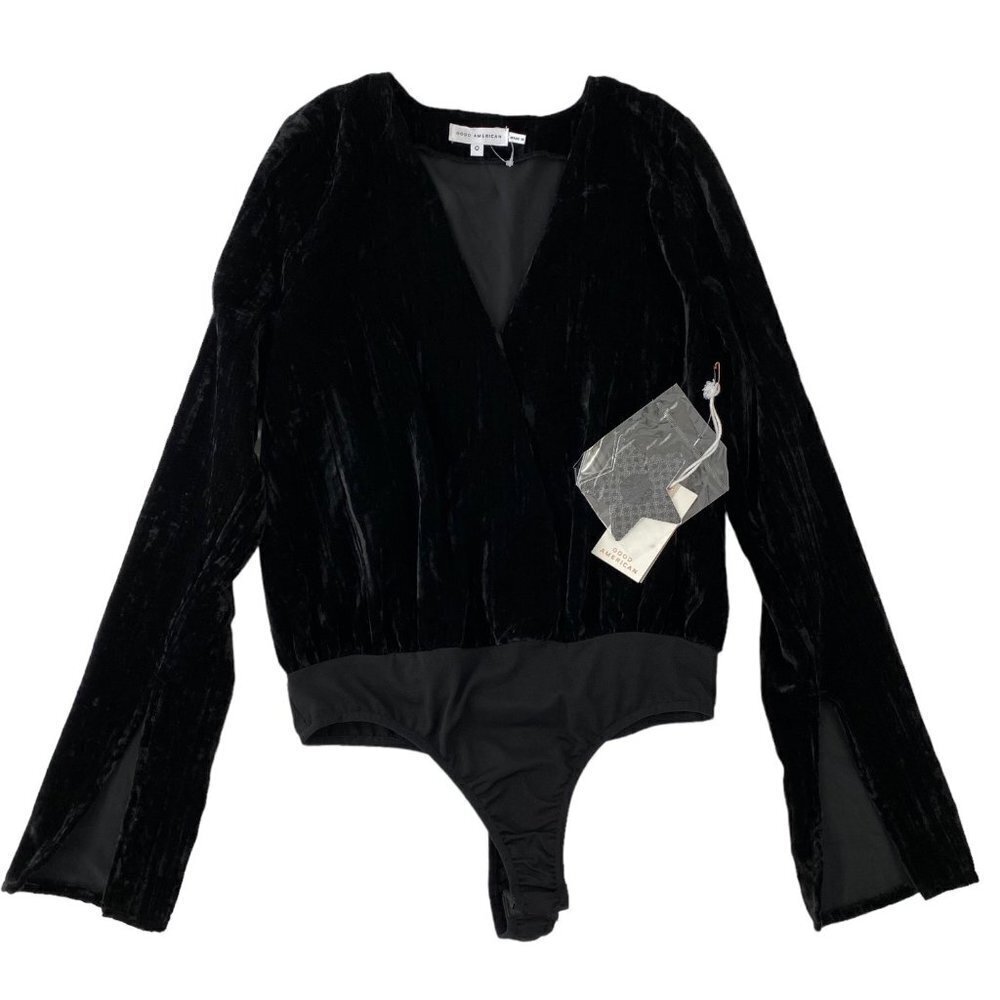 Good American Black Velvet Long Sleeve Bodysuit Womens Size 0 (equivalent to XS)